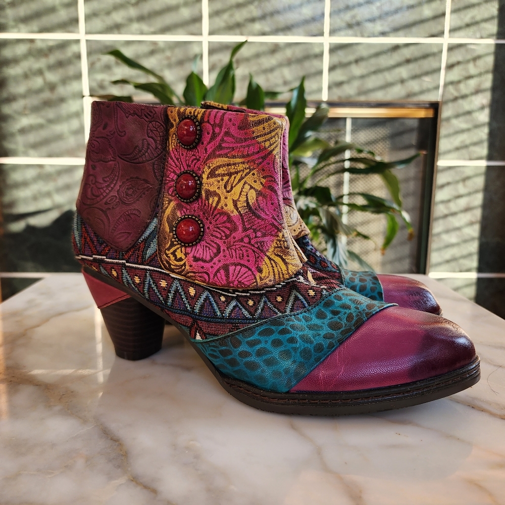 Colorful Ankle Boots with Button Detail